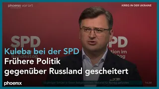 Rolf Mützenich, Lars Klingbeil und Dmytro Kuleba nach seinem Besuch bei der SPD am 12.05.22