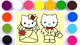 Sand painting coloring Hello Kitty bride and groom for kids