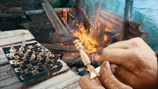 Whittling a Chess Set Fireside on a Rainy Day ASMR (natural sounds)  - Bushcraft Build