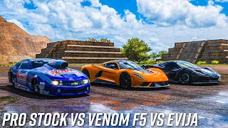 Pro Stock Camaro vs Hennessey Venom F5 vs Lotus Evija | Forza Horizon 5