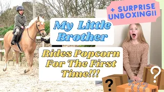 My 5 Year Old Brother Rides My Pony Popcorn For The First Time!!!! PLUS Surprise Unboxing!