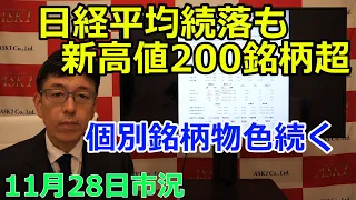 2022年11月28日【日経平均続落も新高値200銘柄超　個別銘柄物色続く】（市況放送【毎日配信】）