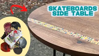 DIY Round Walnut Table with recycled skateboards