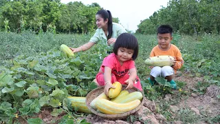 Cute girl Siv chhee help mom and brother collect melon from farm -  Family food cooking