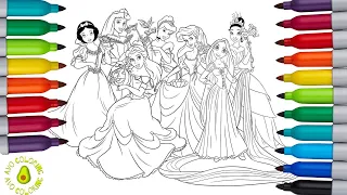 Disney Princess Coloring Page RAPUNZEL AURORA SNOW WHITE BELLE CINDERELLA TIANA ARIEL