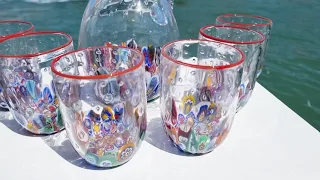 DRINKING GLASSES AND PITCHER  - MILLEFIORI AND RED EDGE