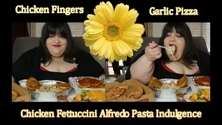 Chicken Fettuccini Alfredo Italian Pasta Wit Garlic Cheese Pizza and Buffalo Chicken Fingers Mukbang