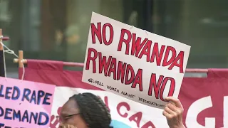 Protest outside Home Office against UK's Rwanda asylum plan | AFP