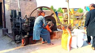 Cold diesel engine 300 rpm start up work with small flour mill - huge diesel engine work amazing