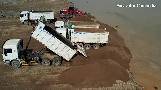 Excellent Techniques Skill Operator Wheel Loader Pushing Sand Into Slop - Dump Truck Dumping sand