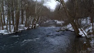 4K HDR Snowy Village River Winter Stream Flowing Water Sounds for Sleeping White Noise River Sounds