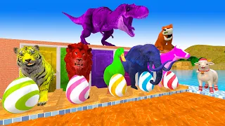 Paint Animals Duck,Cow,Tiger,Lion,Elephant,T-Rex Fountain Crossing Transformation Animal Cartoon