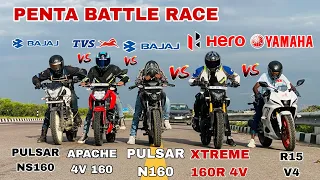 R15 v4 vs pulsar n160 vs pulsar ns160 vs apache 160 4v vs xtreme 160r 4v [ penta battle race ]