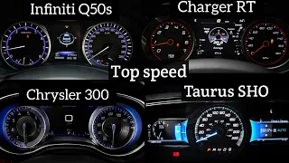 Dodge charger RT Vs Chrysler 300 Vs Ford Taurus sho Vs infiniti Q50s speed comparison | 1/4 miles