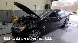 E85 vs 93 octane Dyno results on a bolt-on, all motor LS3 sedan SS