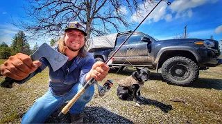 TRUCK CAMPING SURVIVAL CHALLENGE FORAGING MORELS & CATCHING TROUT.