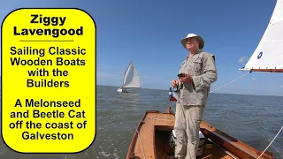 Beautiful wooden boats sailing off of Galveston TX. A Melonseed and Beetle Cat.