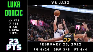 Luka Doncic 23 PTS, 7 REB, 11 AST, 3 3PM, 1 STL vs Jazz - Feb 25, 2022