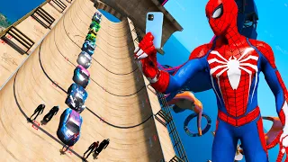 Challenge Spiderman vertical ramps jumping GTA V Supercars from Superheroes Mods ragdoll Slenderman