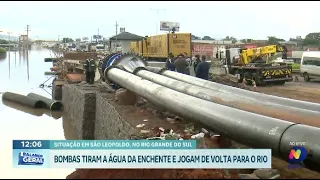 Bombas removem água da enchente e devolvem ao rio em São Leopoldo, RS