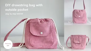 DIY drawstring bag with outside pocket | How to make a drawstring bag