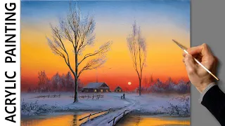 Acrylic Landscape Painting - Winter Sunset / Relaxing Art / Зимний пейзаж. Урок рисования. Живопись