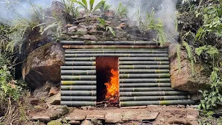 Building complete & warm survival shelter | Bushcraft stone hut, grass roof and fireplace