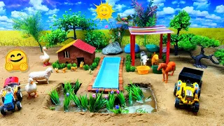 DIY tractor Farm Diorama with house for cow, horse, duck pond | how to plant a flowers| woodworking