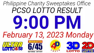 9PM LOTTO DRAW RESULT February 13, 2023 2D 3D 4D 6/45 6/55
