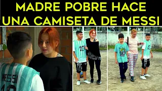 Madre pobre hace una camiseta de Messi con una bolsa de platico a su hijo