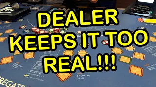 HEADS UP (ULTIMATE TEXAS) HOLD 'EM in LAS VEGAS! DEALER KEEPS IT TOO REAL LOL