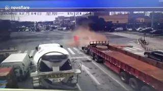 Truck's emergency brake causes steel plate to slice vehicle's cabin open in China