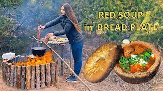 Real Borscht soup in bread bowl, cooked on fire | solo bushcraft in forest with fox