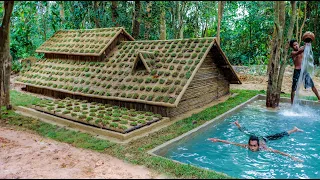 30 Days Building underground hut with grass roof & fireplace with clay With Swimming Pool So Beauti.