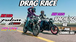 2024 Bajaj Pulsar N160 Usd Fork Vs Tvs Apache Rtr 160 4v dual Abs Drag Race || Long Race || Rtr 160