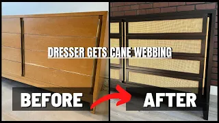 How to add cane webbing to dresser drawers EXTREME mid century FURNITURE FLIP || Trash To Treasure