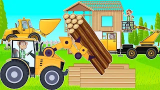 Tractor Works on Farm: Farmer Driving a tractor to Transport Wood For Building a House | Vehicles