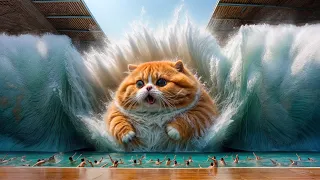 The Cat's dive creates a Huge Tsunami! 😿😻🐱‍💕#cutecat #cat #aicat #kitten #funnycats #catlover