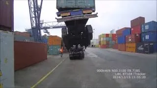 Truck lifted up at container dock