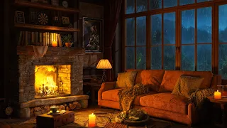 Sleep In This Cozy Room Ambience with Smooth Jazz Music & Rain On Window Sounds, Crackling Fireplace