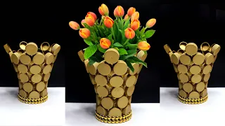 Membuat Vas Bunga Cantik dari Tutup Botol Plastik | Mewah | Plastic bottle cups craft ideas