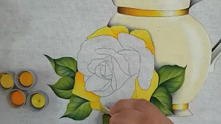 Rosa Amarela Pétala por Pétala com Jarra Pintura em Tecido Parte 2 - Aula 343 - Bruno Silva