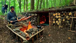 7 Days SOLO SURVIVAL CAMPING; Building a WOOD and ROCK Bushcraft SHELTER. Fireplace, Quail Cooking.