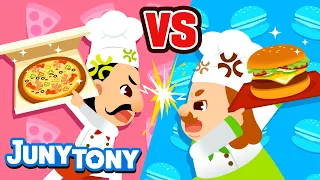 🍕Piza Lawan Hamburger🍔 | Pizza vs. Hamburger | Lagu Serial Lawan | Lagu Makanan Anak | JunyTony