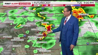 Showers and t-storms thru the night with cool and wet Wednesday on the way