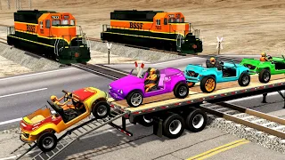 Double Flatbed Trailer Truck vs Speedbumps Train vs Cars | Tractor Beamng.Drive