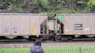 Race with 2 coal trains and NS 4002 leading one solo caught in Horseshoe Curve on 5/8/21