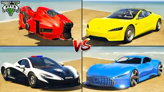 Mercedes AMG Vision vs Police McLaren P1 vs Tesla RoadSter vs Hover Bike - GTA 5 Mods Which is best?