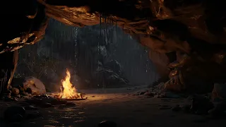 Nighttime Cave Serenade| Rain Sounds and Fireplace Ambiance for Better Sleep and Relaxation