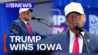 Trump celebrates commanding win in the Iowa caucuses | 9 News Australia
